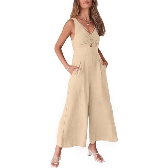 Women's Summer Linen Wide Leg Jumpsuit V Neck Sleeveless Casual Pants Romper